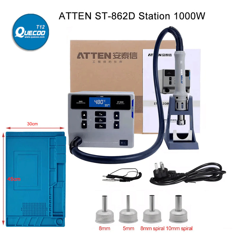 ATTEN St-862D 1000W Hot Air BGA Rework Station with Anti-static Heat Resistant Soldering Mat For Motherboard PCB Chip Repair