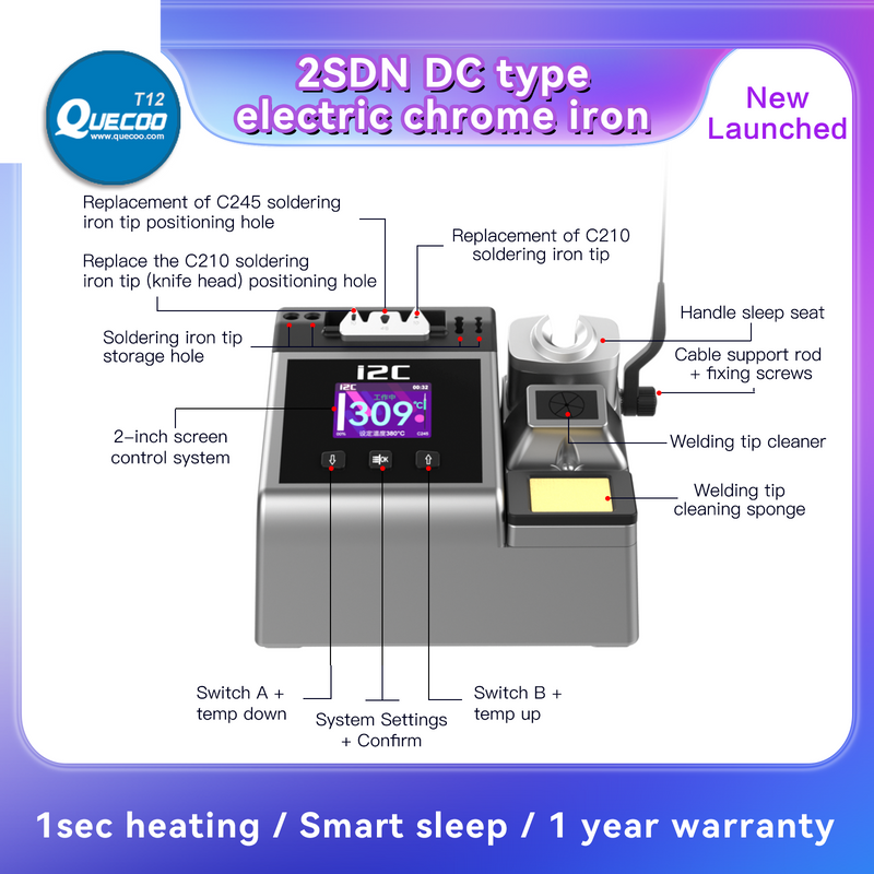 I2C 2SDN Nano Soldering Station with 210/115/245 Solder Iron Tips Temperature Control Auto Sleep Support for PCB Welding Repair