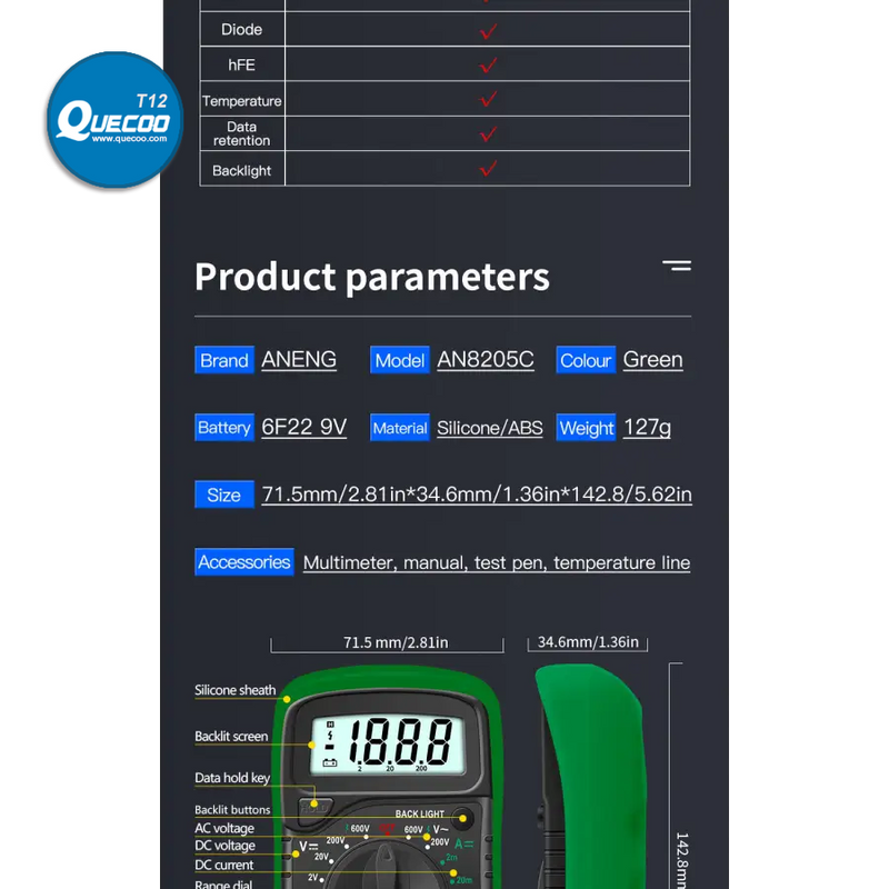 AN8205C Digital Multimeter AC/DC Volt Meter DC Ammeter Tester