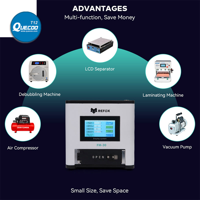 REFOX FM-30 Laminating Machine 3 in 1 Multi-function Separation Defoaming Machine with Built-in Air Compressor and Vacuum Pump