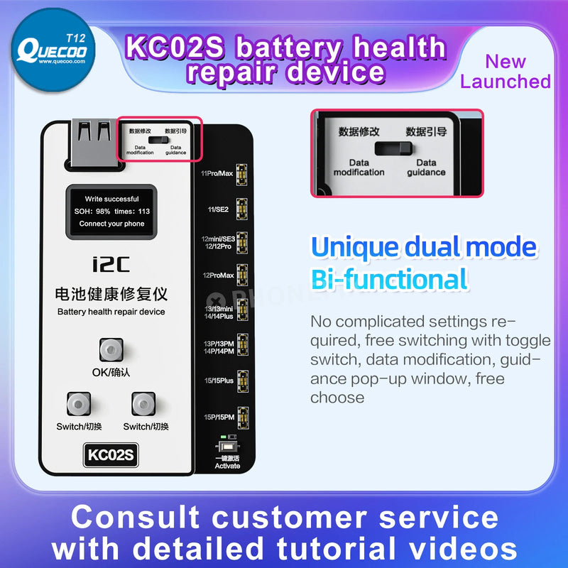 i2C KC02S Battery Battery Calibrator Tester for iPhone 11-15PM No FPC Needed Battery Cycle Time Reseting Health Modify Board