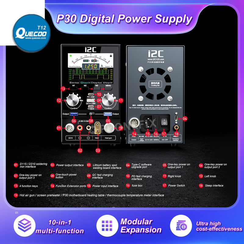 I2C P30 10 in 1 Digital Power Supply Multifunction Soldering Desoldering Spot Welding Mobile Phone PCB BGA Rework Platform