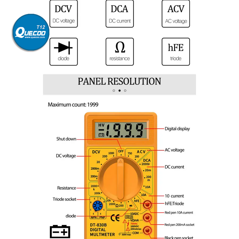 DT830B Digital Multimeter LCD Voltmeter Ammeter Ohm Tester