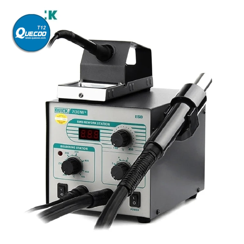 QUICK 706W+ 2 in 1 Digital Display Hot Air Gun + Soldering Iron Anti-static Temperature Lead-free Rework Station With 3 Nozzles