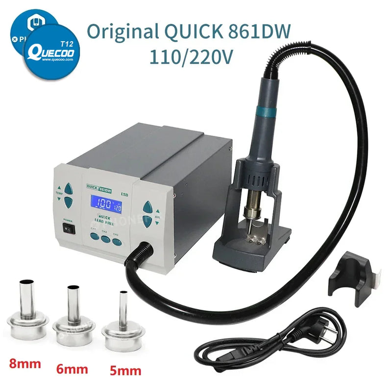 Original QUICK 861DW Hot Air Soldering Station 1000W Lead-free Heat Gun Rework Station +7 Pcs Nozzle for Phone PCB BGA Repair