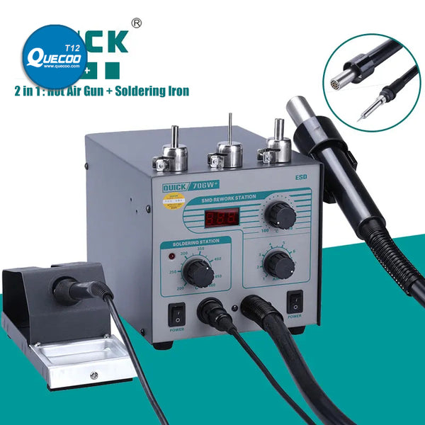 QUICK 706W+ 2 in 1 Digital Display Hot Air Gun + Soldering Iron Anti-static Temperature Lead-free Rework Station With 3 Nozzles