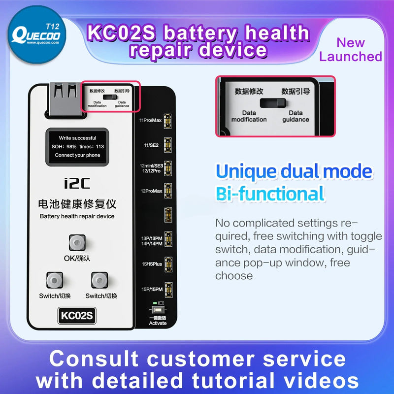 i2C KC02S Battery Battery Calibrator Tester for iPhone 11-15PM No FPC Needed Battery Cycle Time Reseting Health Modify Board