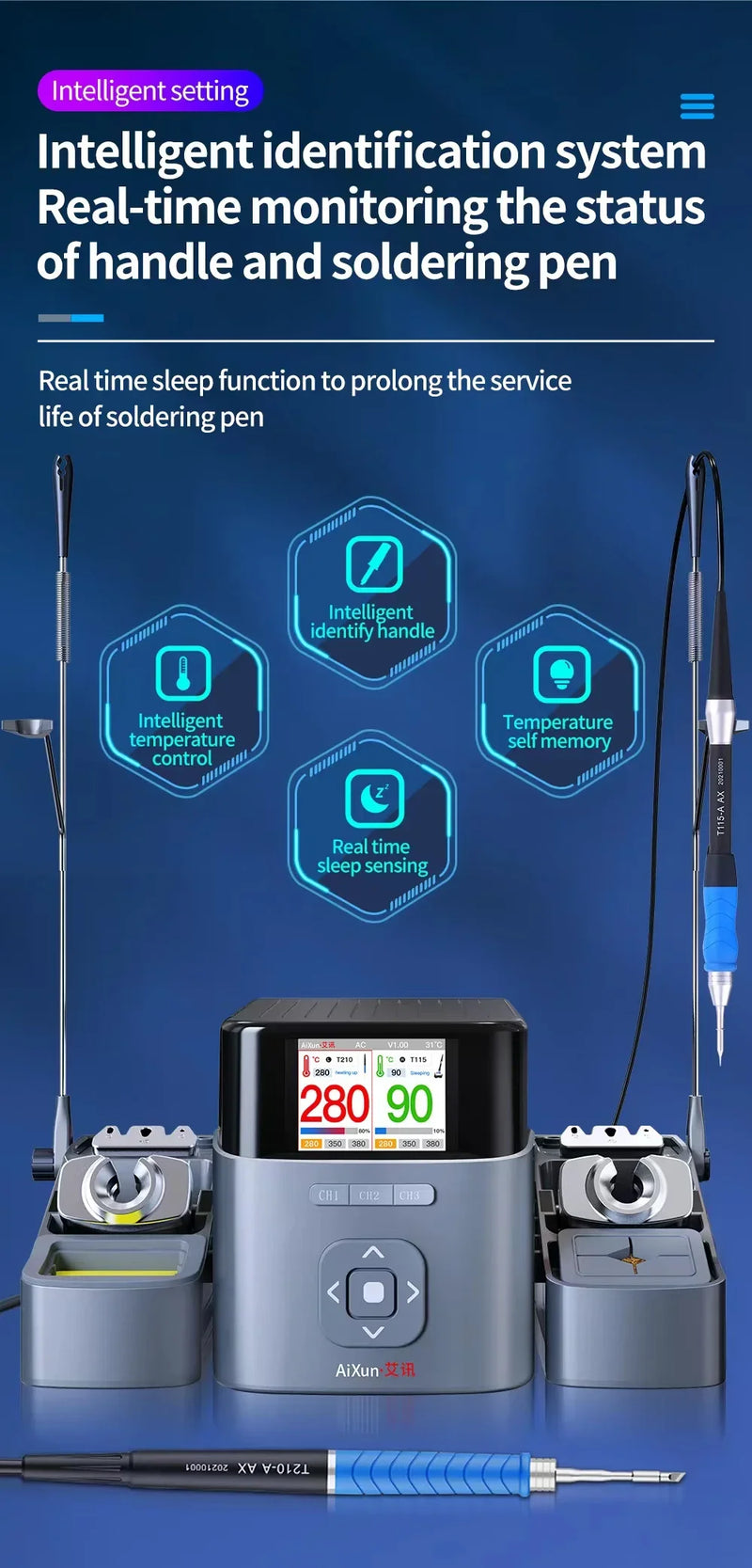 JCID AIXUN T420D Intelligent Dual-Station With T245/ T210 /T115 Handle Solder Iron Tips for PCB Welding Repair Soldering Station