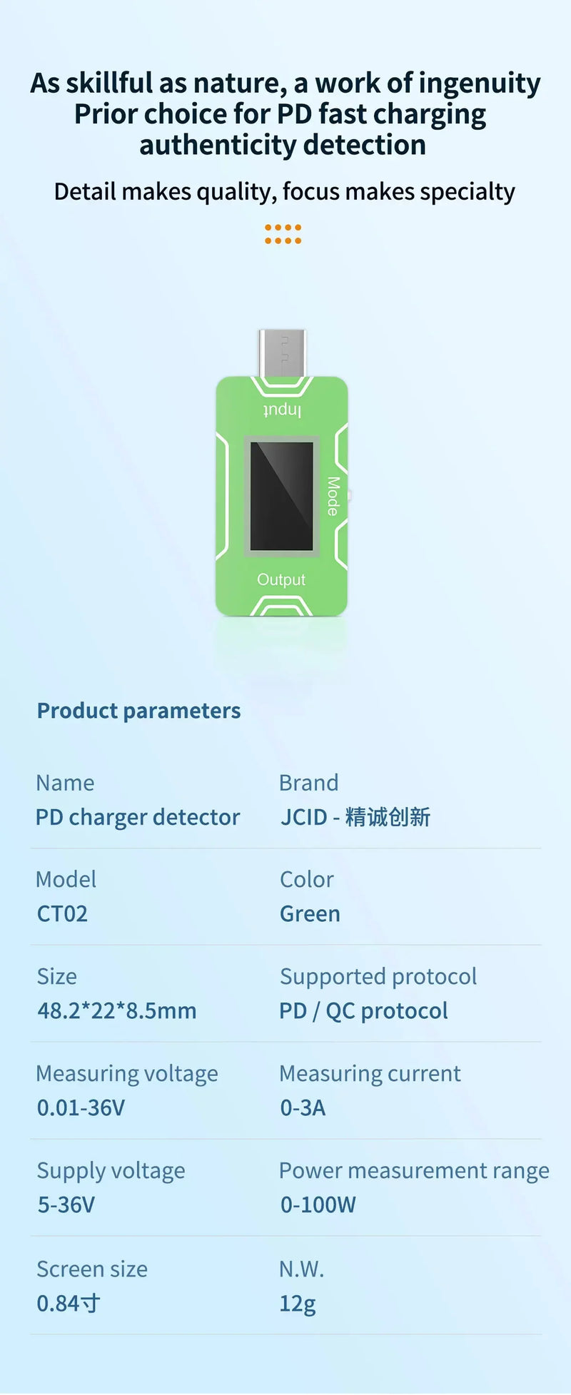 JCID JC CT02 PD Charger Detector Fast USB-C Tester Voltage Current Power Test HD OLED Screen Real Time Monitoring Tester