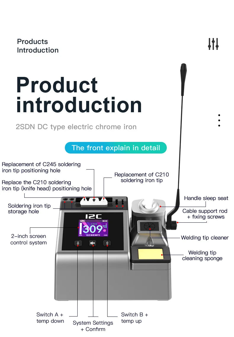 I2C 2SDN Nano Soldering Station with 210/115/245 Solder Iron Tips Temperature Control Auto Sleep Support for PCB Welding Repair