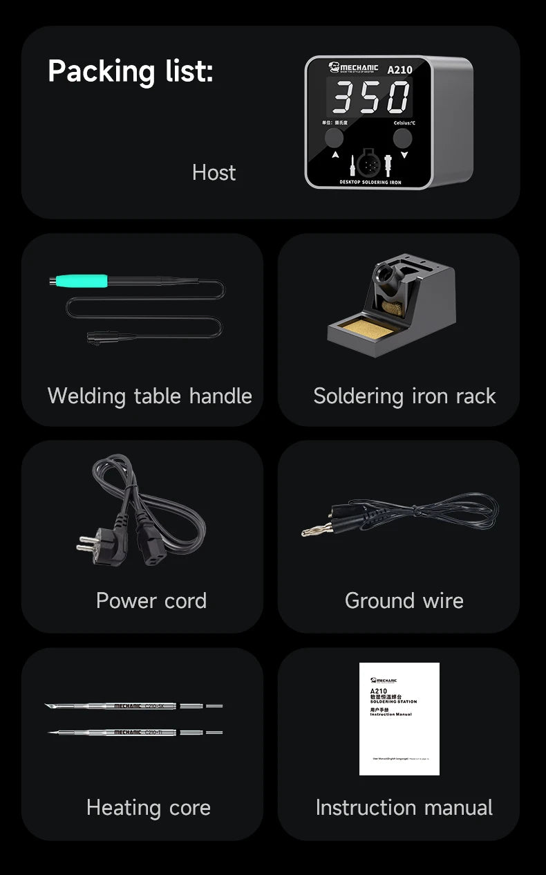 Mechanic A210 Soldering Station Portbale Mini T210 Solder Iron Tips Desktop Station Smart Constant Temperature Welding Table