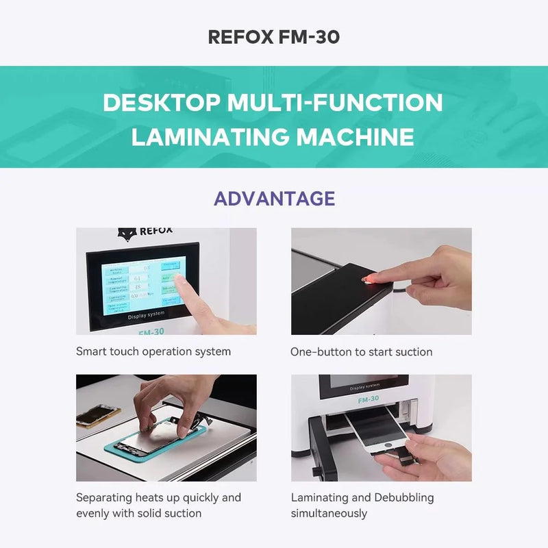 REFOX FM-30 Laminating Machine 3 in 1 Multi-function Separation Defoaming Machine with Built-in Air Compressor and Vacuum Pump