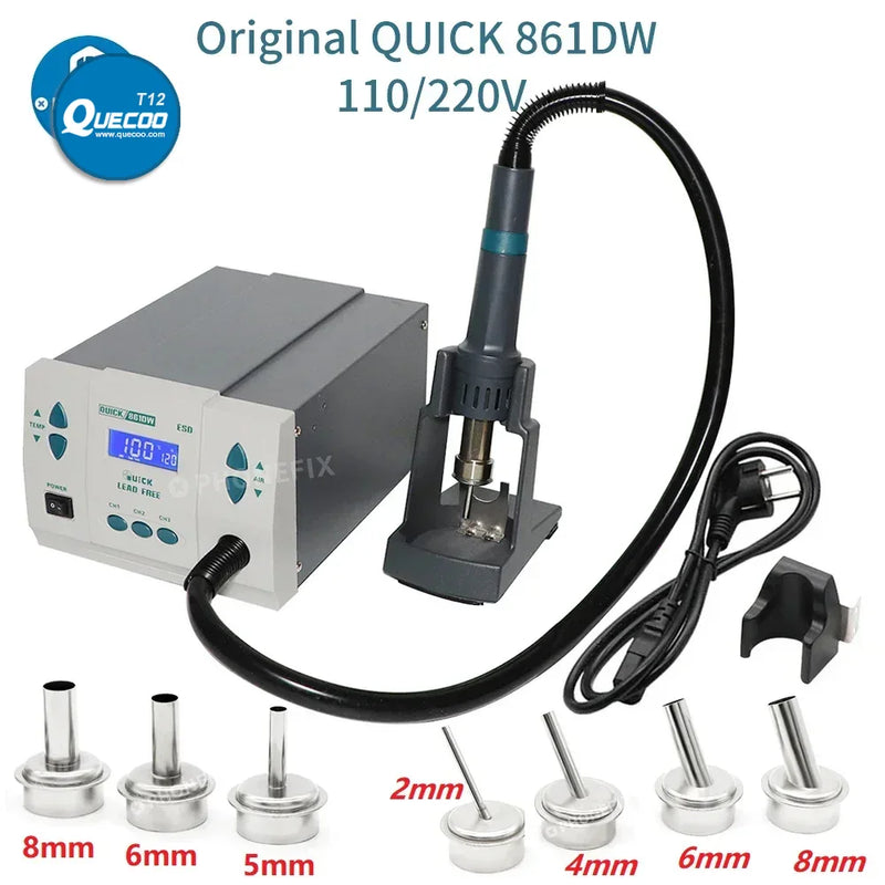 Original QUICK 861DW Hot Air Soldering Station 1000W Lead-free Heat Gun Rework Station +7 Pcs Nozzle for Phone PCB BGA Repair