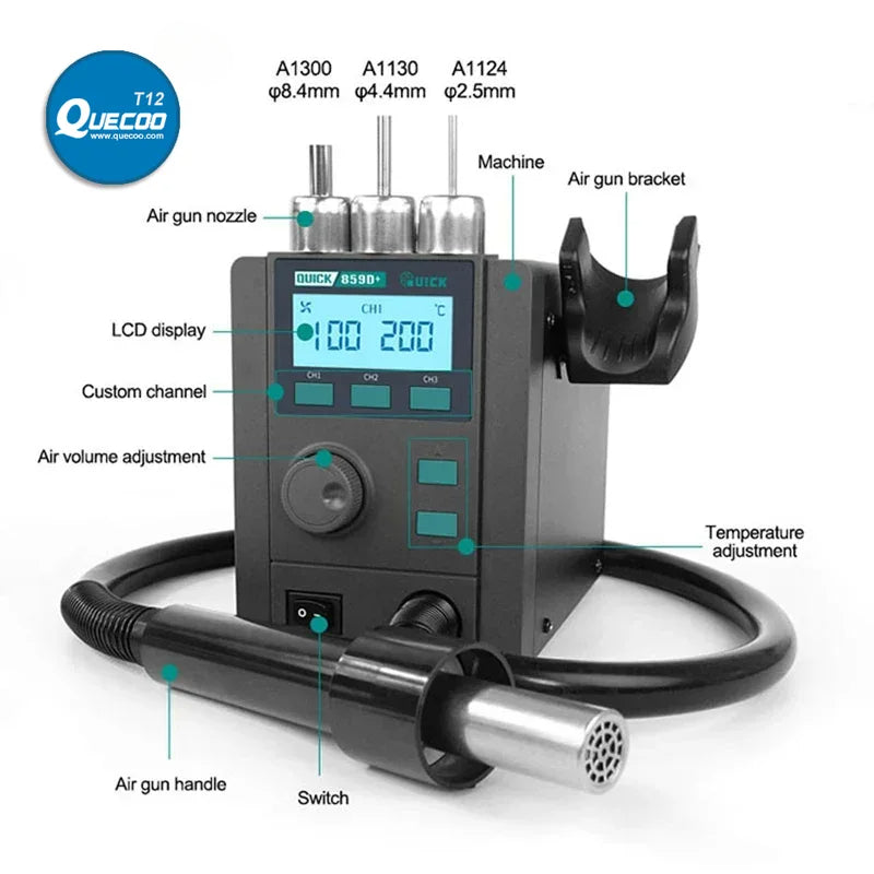 Original Quick 859D+ Intelligent Hot Air Gun Station 3 Channel Precise Temperature Control 580W Heat Gun Desoldering Station