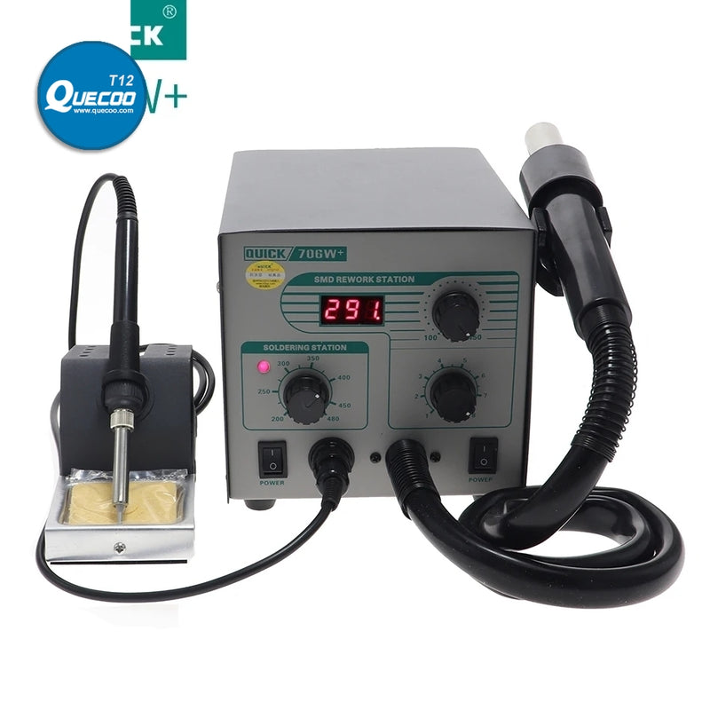 QUICK 706W+ 2 in 1 Digital Display Hot Air Gun + Soldering Iron Anti-static Temperature Lead-free Rework Station With 3 Nozzles