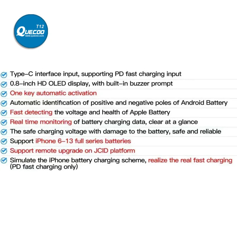 JCID JC BT01 Battery Charger for iPhone 6 7 8 X 11 12 13 Pro Max Anzor Cell Phone Battery Activation Panel Maintenance Tool