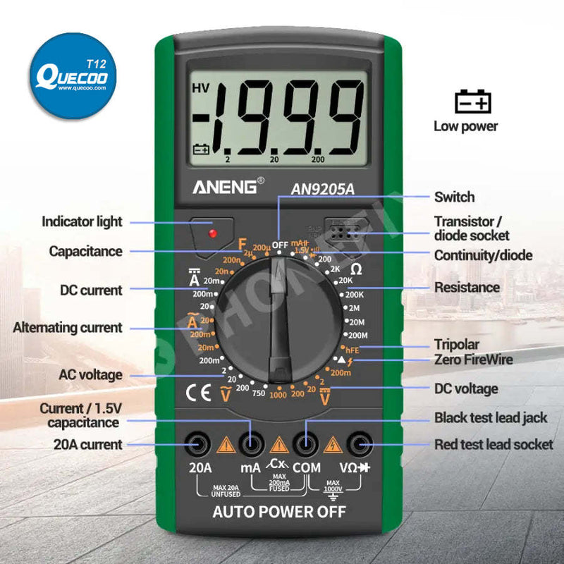 DT9205A+ Digital Multimeter AC/DC Voltage Tester with 9V Battery