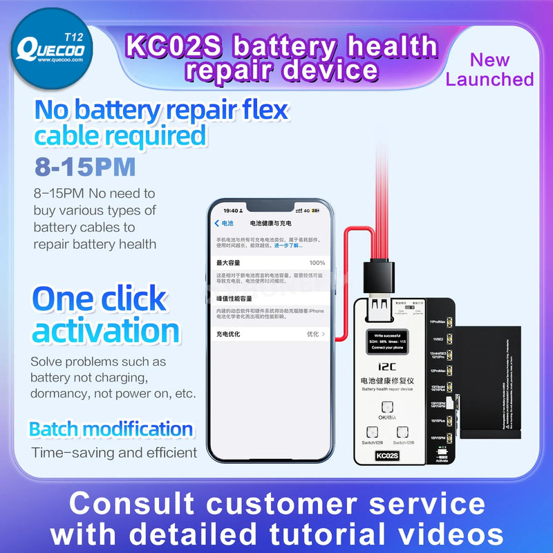 i2C KC02S Battery Battery Calibrator Tester for iPhone 11-15PM No FPC Needed Battery Cycle Time Reseting Health Modify Board